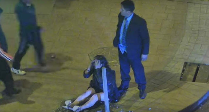 Monstrous guy hits girlfriend, drags her by the hair, moments later karma hits back!