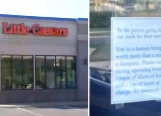 Little Caesars hangs sign on door after catching homeless person eating scraps from their dumpster