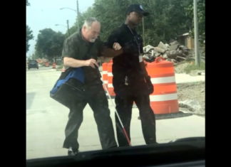 Bus driver caught on camera helping elderly blind man navigate his route