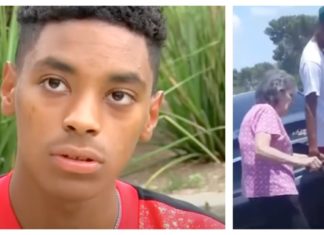 Teen steps in for struggling elderly woman and attracts attention for his action