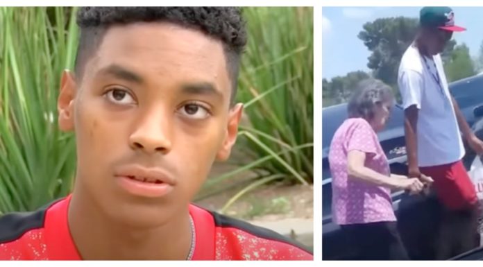 Teen steps in for struggling elderly woman and attracts attention for his action