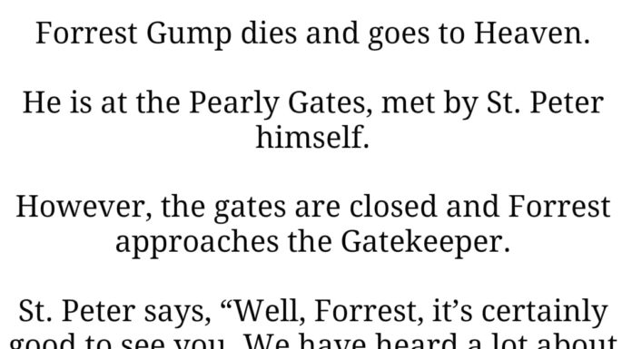 Forrest Gump was asked three questions before entering heaven. His answers were brilliant