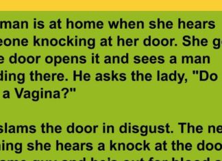 A woman is at home when she hears someone knocking at her door.