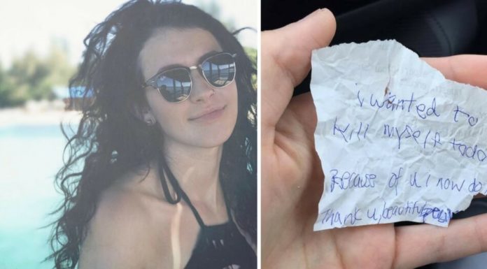 She buys homeless man meal & sits with him. He hands her crumpled note before leaving