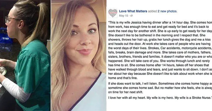Nurse wife sits alone to eat sandwich after long 14-hour shift – then husband pens viral Facebook message