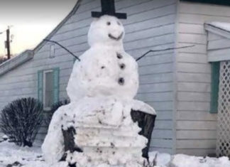 Punk driver slams snowman with truck, Poetic justice when he learns it’s built on huge stump