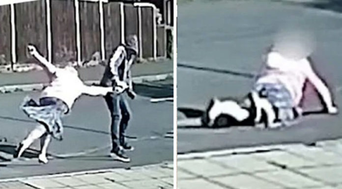 Scumbag filmed dragging 79-year-old woman to the floor during robbery