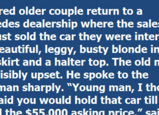 Salesman sells car at discount to an attractive blonde and makes the old couple angry