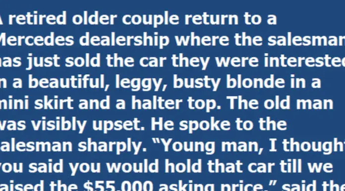 Salesman sells car at discount to an attractive blonde and makes the old couple angry