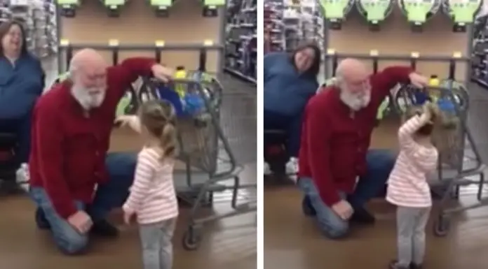 Little girl sees a man with white beard while shopping and mistakes him for Santa Claus