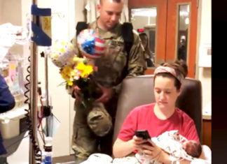 Soldier husband sneaks into hospital to surprise wife visiting preemie twins in NICU