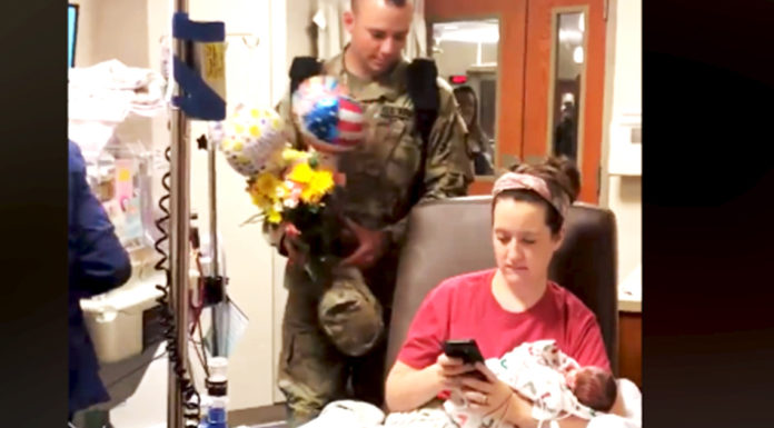 Soldier husband sneaks into hospital to surprise wife visiting preemie twins in NICU