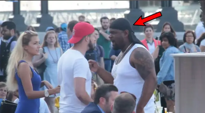 Husband won’t put up with a giant bully verbally harassing his wife and springs into action