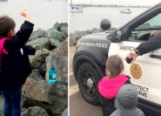 Officers spots kids waving goodbye to their Navy dad and lets them use the PA speaker