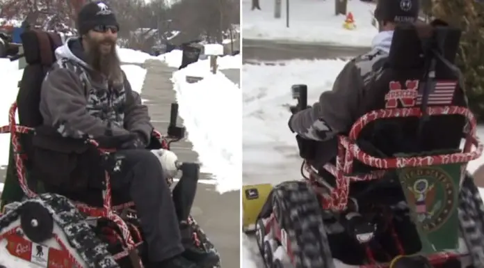 Veteran uses his custom made wheelchair to plow snow off the sidewalks