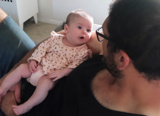 Two-month-old baby girl is chatting with her dad and we can’t get enough