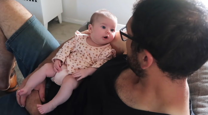 Two-month-old baby girl is chatting with her dad and we can’t get enough