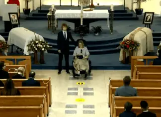 Heartbroken mother speaks of her pain at the funeral of her husband and three children who were killed by her brother