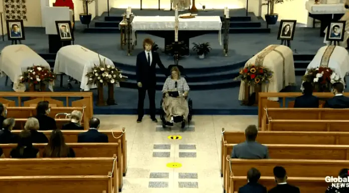 Heartbroken mother speaks of her pain at the funeral of her husband and three children who were killed by her brother