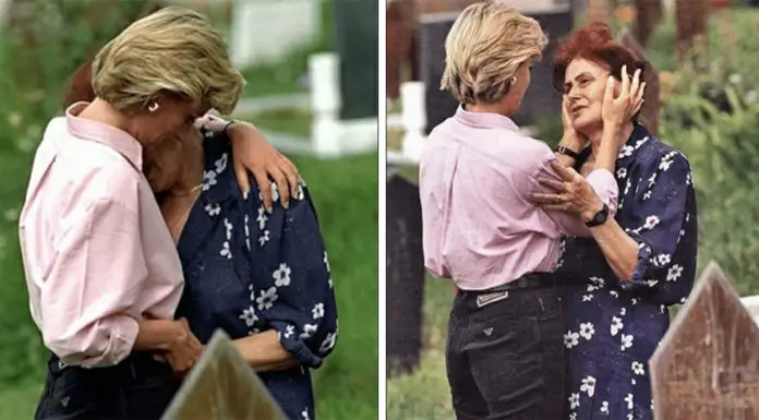 During her trip to Bosnia, her last of that kind, Princess Diana comforted a grieving mother crying over her son’s grave