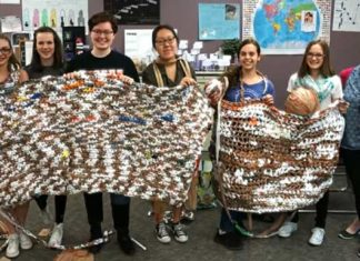 Students make blankets out of plastic bags for the homeless
