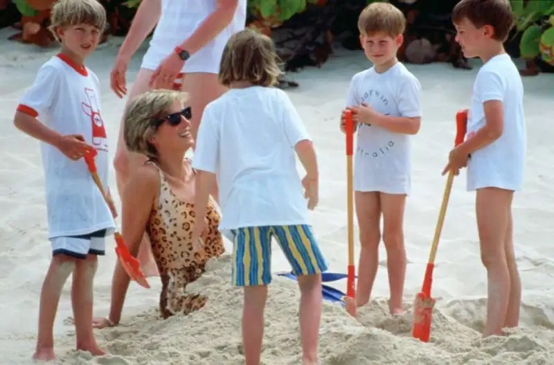 Princess Diana on beach with children