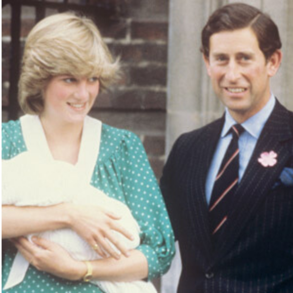 Princess Diana and Prince Charles carrying newborn Prince William