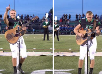 High schooler takes off his helmet and grabs a guitar to sing national anthem