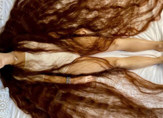 With 90-inches of flowing brown locks, this real life Rapunzel has hair brushing the ground behind her