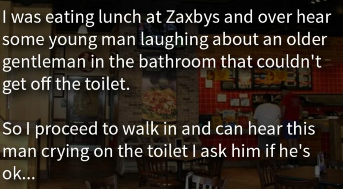 Man finds elderly veteran crying in the bathroom and hears rude teen laughing, now everyone’s talking about his response