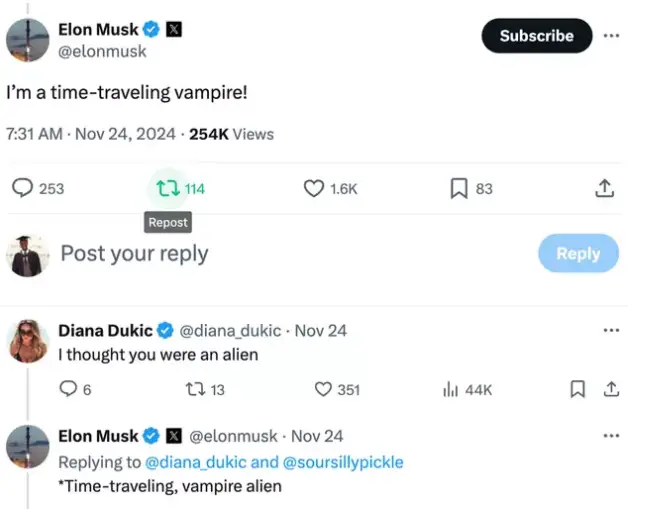 Elon Musk joking he's a time traveling vampire