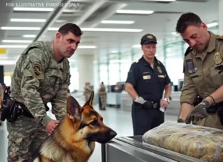 Police dog spots package at the airport and starts whining at the guard