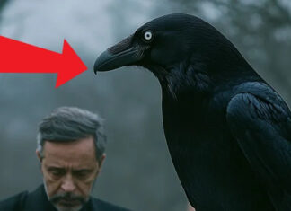 During the funeral, a crow lands on the little girl’s coffin
