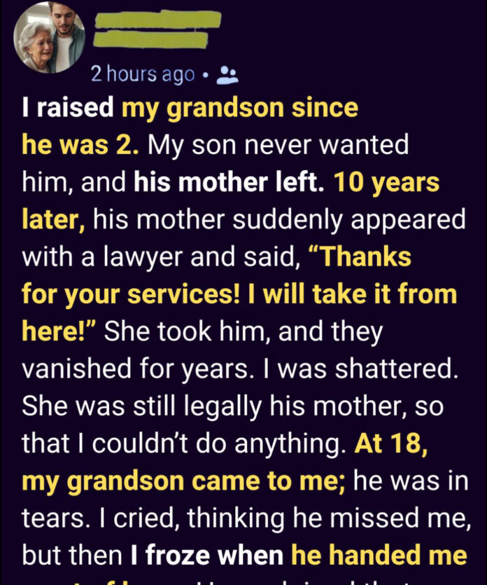 She took my grandson from me after I brought him up — years later, he came back a different person