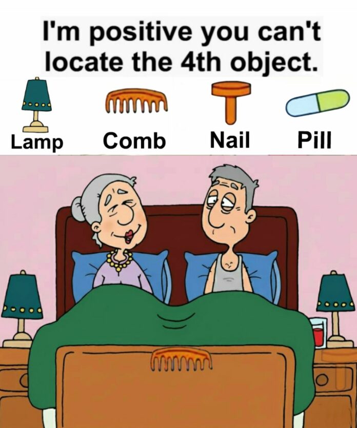 Can you find the lamp, the comb, the nail, and the pill?
