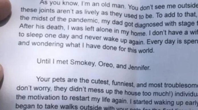 Man asks elderly neighbor to watch his pets and receives an emotional surprise in return